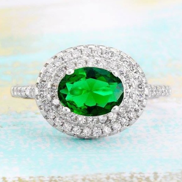Oval Emerald Green Gemstone Ring, 925 Sterling Silver Charmed Aroma - Picture 1 of 5